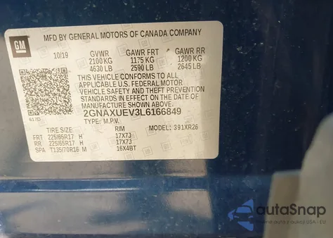 2020 Chevrolet Equinox Awd Lt 1.5L Turbo z USA, uszkodzony, nr VIN 2GNAXUEV3L6166849